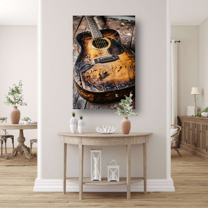 Afgebrande gitaar met graffitikunst poster