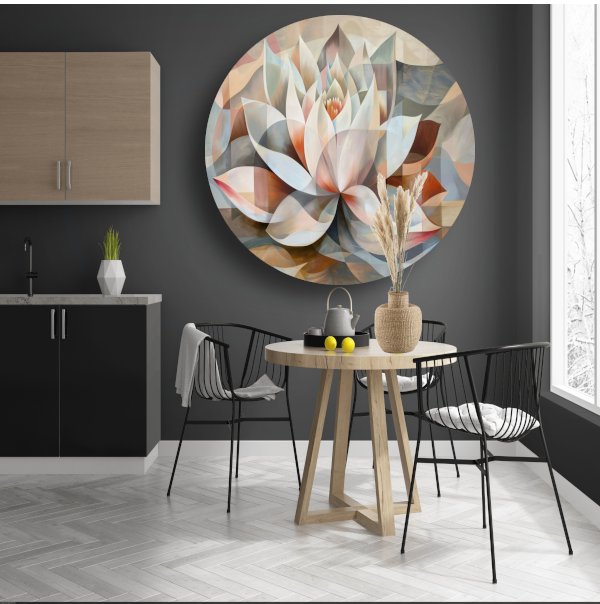 Gestileerde Kubistische Lotus in Warme Tinten aluminium muurcirkel