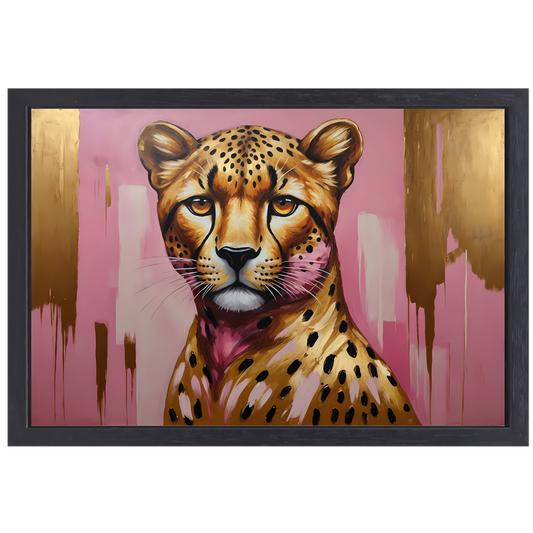 Majestueuze Luipaard in Goud en Roze canvas met baklijst