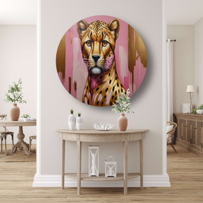 Majestueuze Luipaard in Goud en Roze aluminium muurcirkel