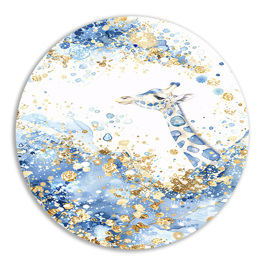 Sierlijke giraffe in blauw en goud aluminium muurcirkel