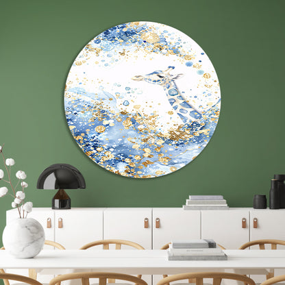 Sierlijke giraffe in blauw en goud aluminium muurcirkel
