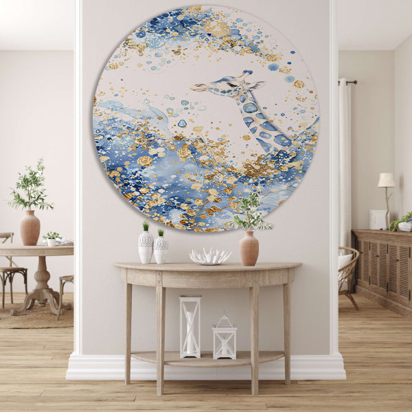 Sierlijke giraffe in blauw en goud aluminium muurcirkel