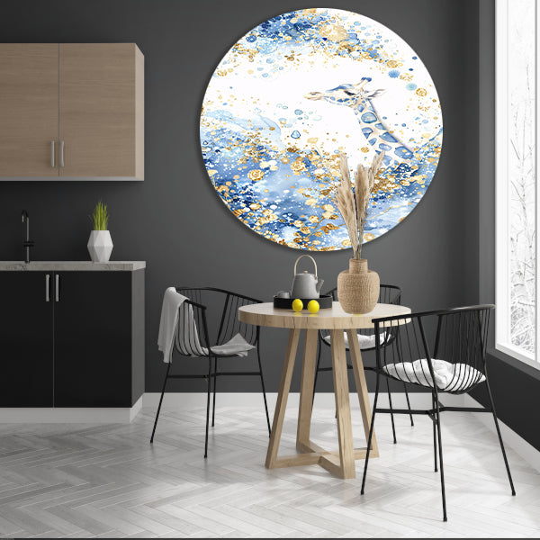 Sierlijke giraffe in blauw en goud aluminium muurcirkel