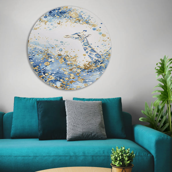 Sierlijke giraffe in blauw en goud aluminium muurcirkel