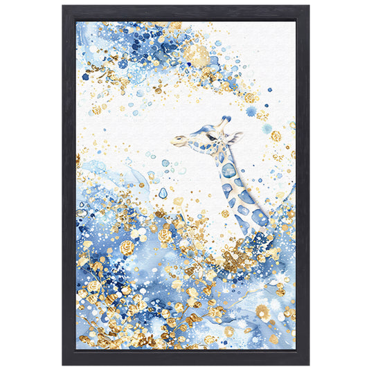 Sierlijke giraffe in blauw en goud canvas met baklijst