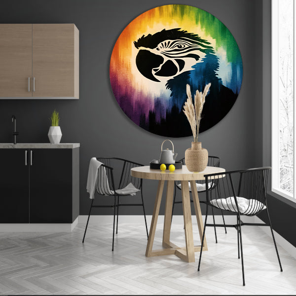 Kleurrijk papegaai silhouet met abstracte achtergrond aluminium muurcirkel