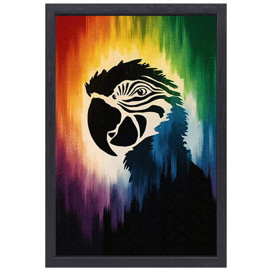 Kleurrijk papegaai silhouet met abstracte achtergrond canvas met baklijst