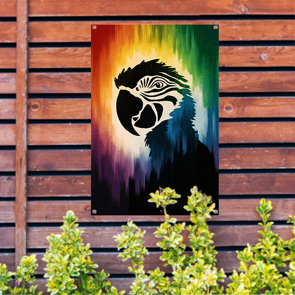 Kleurrijk papegaai silhouet met abstracte achtergrond tuinposter