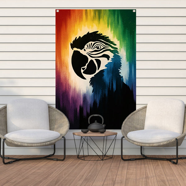 Kleurrijk papegaai silhouet met abstracte achtergrond tuinposter