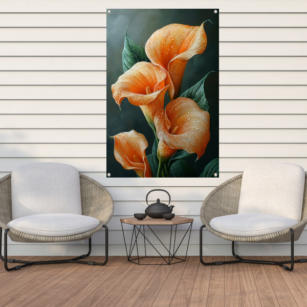 Oranje calla lelies met dauw tegen donkere achtergrond tuinposter