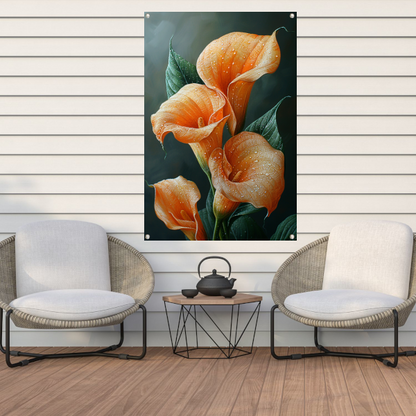 Oranje calla lelies met dauw tegen donkere achtergrond tuinposter
