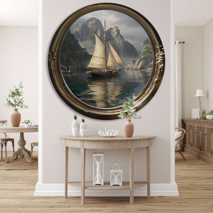 Zeilschip in Spiegelbeeld van de Tijd aluminium muurcirkel