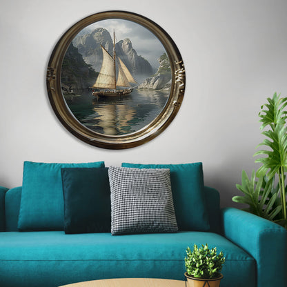 Zeilschip in Spiegelbeeld van de Tijd aluminium muurcirkel
