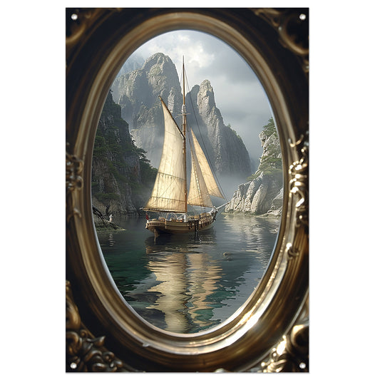 Zeilschip in Spiegelbeeld van de Tijd tuinposter