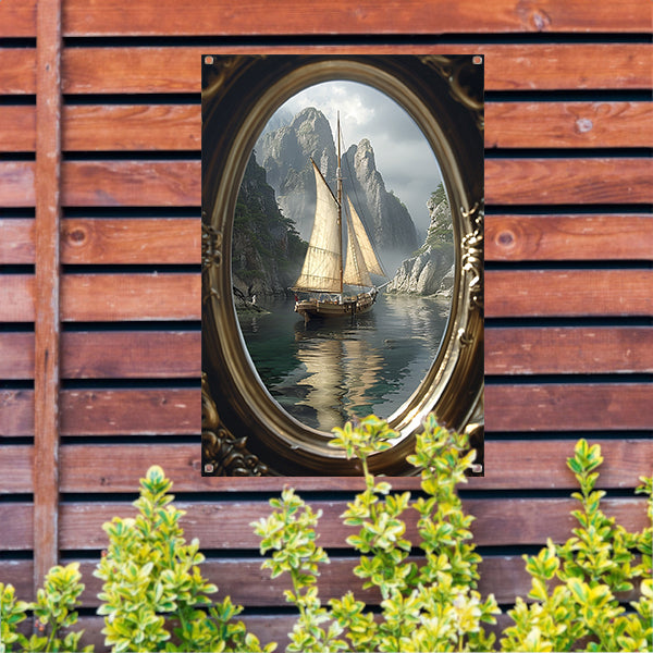 Zeilschip in Spiegelbeeld van de Tijd tuinposter