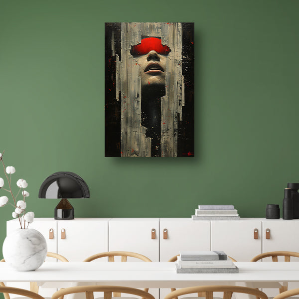Portret van een vrouw in rood met barsten canvas
