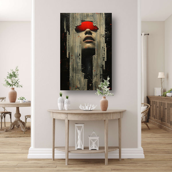 Portret van een vrouw in rood met barsten canvas