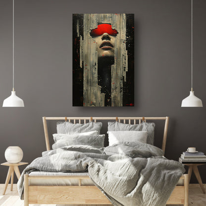 Portret van een vrouw in rood met barsten canvas