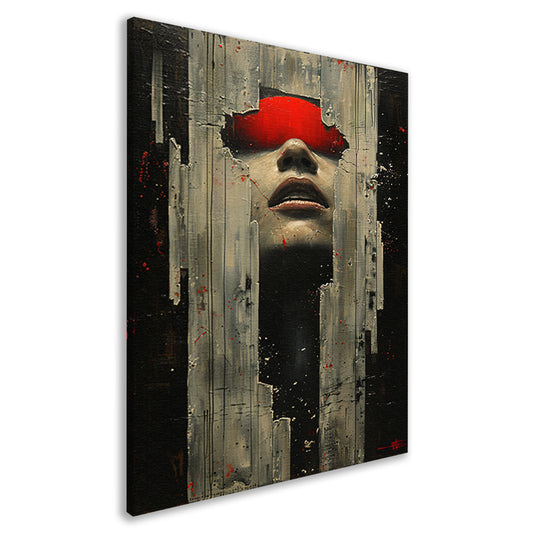 Portret van een vrouw in rood met barsten canvas