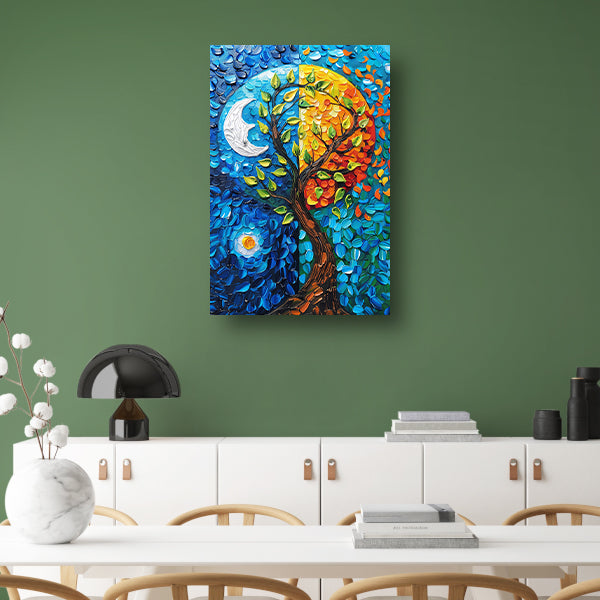 Kleurrijk boom in dag en nacht landschap canvas met baklijst