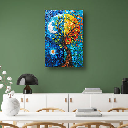 Kleurrijk boom in dag en nacht landschap canvas met baklijst