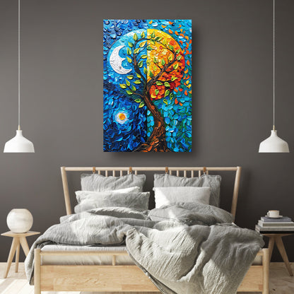 Kleurrijk boom in dag en nacht landschap poster