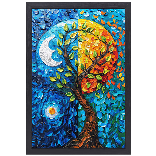 Kleurrijk boom in dag en nacht landschap canvas met baklijst