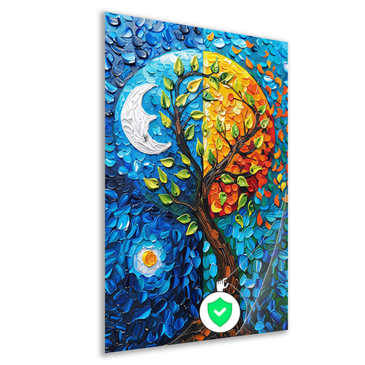 Kleurrijk boom in dag en nacht landschap poster