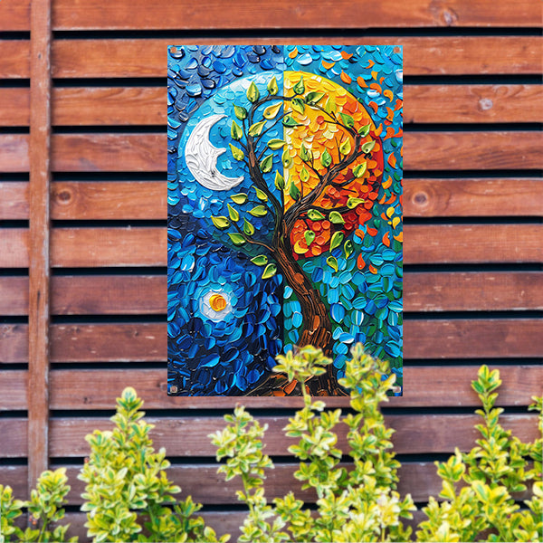 Kleurrijk boom in dag en nacht landschap tuinposter