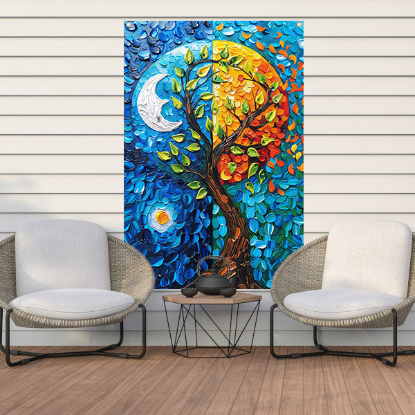 Kleurrijk boom in dag en nacht landschap tuinposter