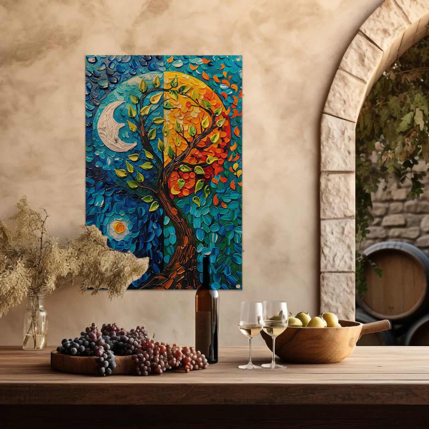 Kleurrijk boom in dag en nacht landschap tuinposter