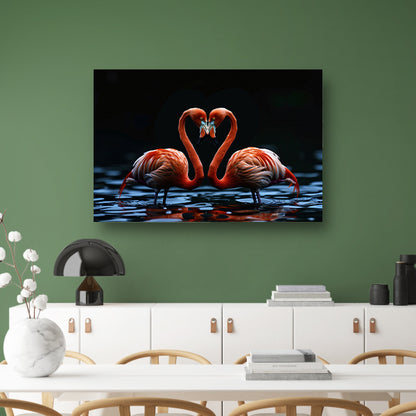Twee flamingos vormen hart op water canvas