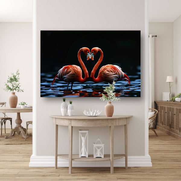 Twee flamingos vormen hart op water canvas