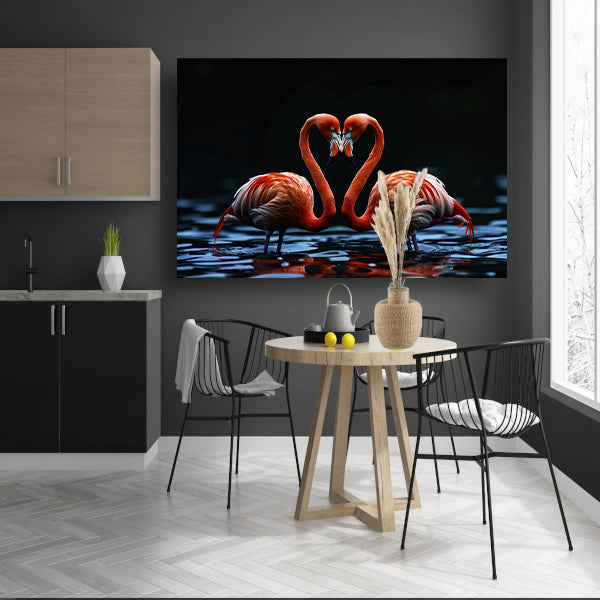 Twee flamingos vormen hart op water canvas