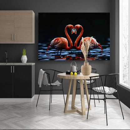 Twee flamingos vormen hart op water canvas