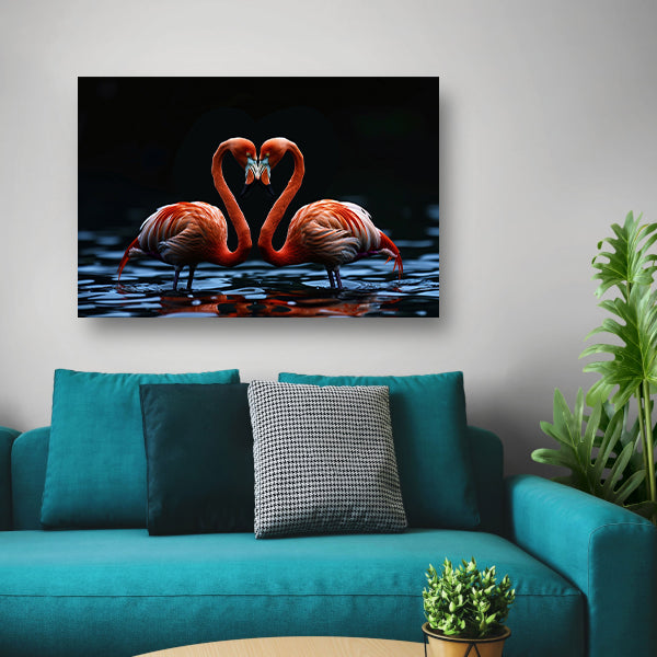 Twee flamingos vormen hart op water canvas