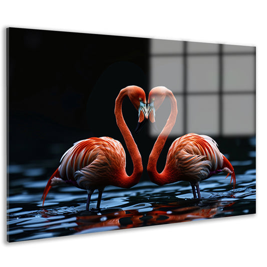Twee flamingos vormen hart op water acrylglas
