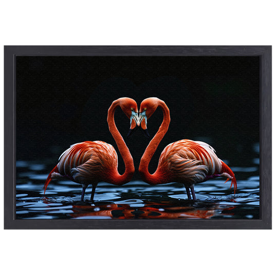 Twee flamingos vormen hart op water canvas met baklijst