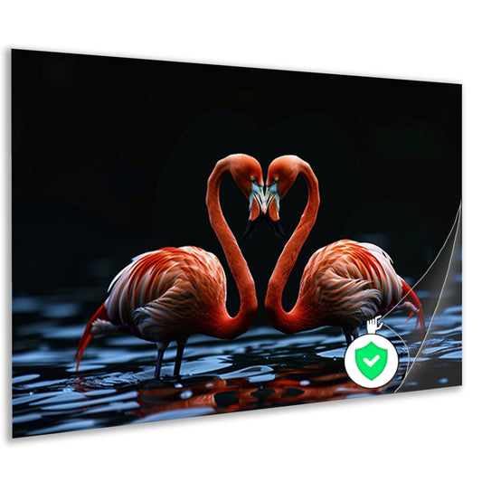 Twee flamingos vormen hart op water poster