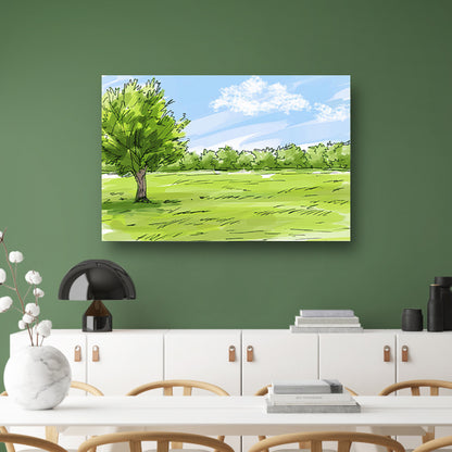 Serene Boom en Grasveld Onder Blauwe Luchtposter