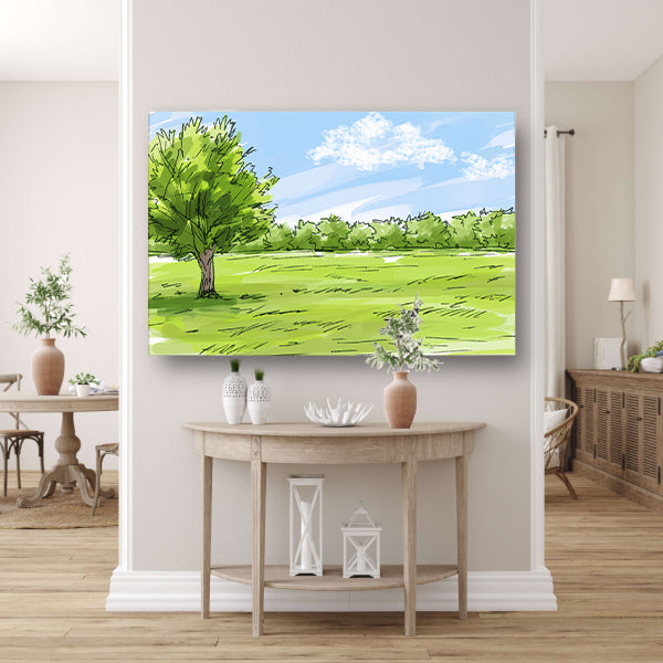 Serene Boom en Grasveld Onder Blauwe Lucht canvas met baklijst