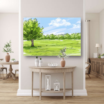 Serene Boom en Grasveld Onder Blauwe Luchtposter