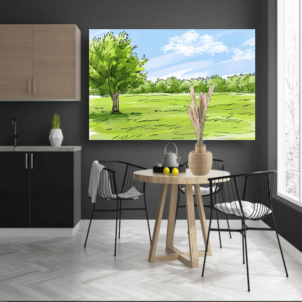 Serene Boom en Grasveld Onder Blauwe Lucht canvas met baklijst