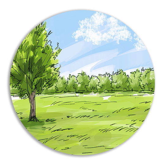 Serene Boom en Grasveld Onder Blauwe Lucht aluminium muurcirkel