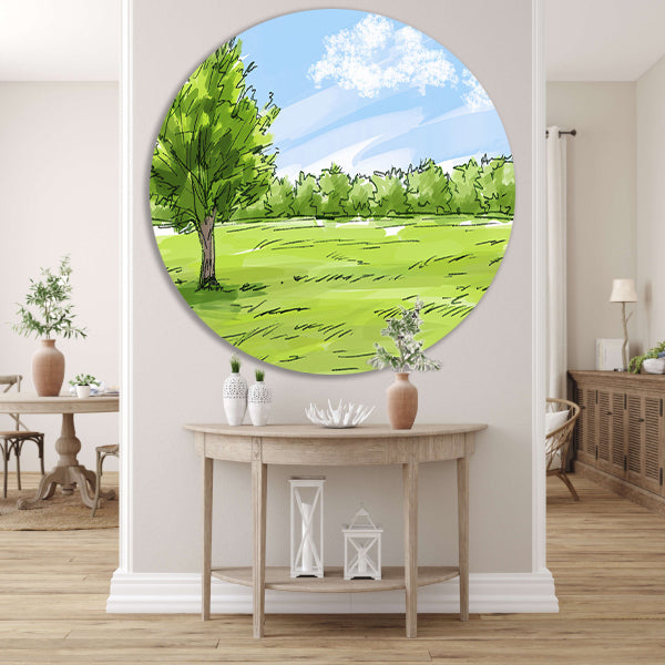 Serene Boom en Grasveld Onder Blauwe Lucht aluminium muurcirkel