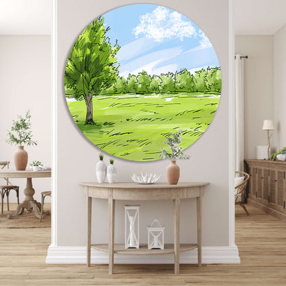 Serene Boom en Grasveld Onder Blauwe Lucht aluminium muurcirkel