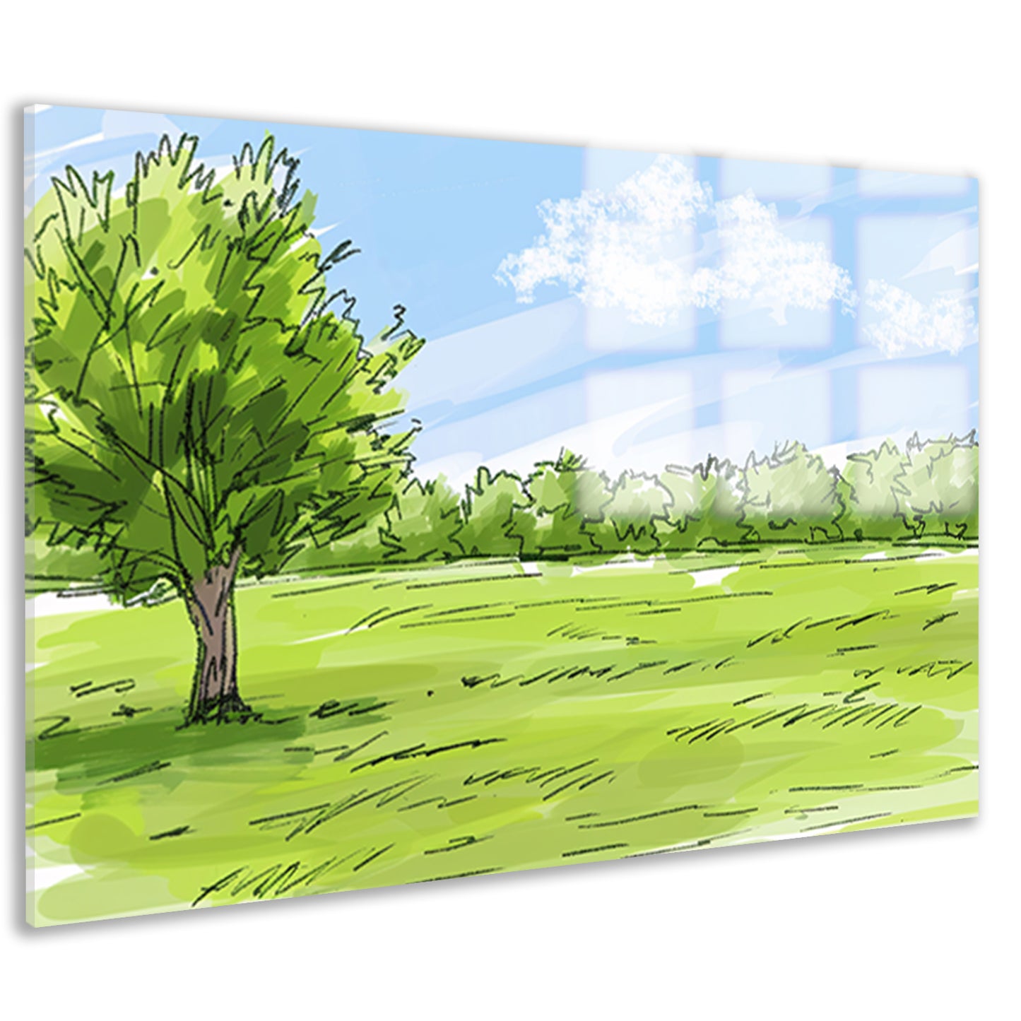 Serene Boom en Grasveld Onder Blauwe Lucht acrylglas