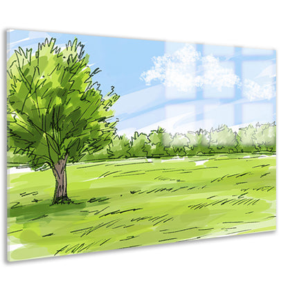 Serene Boom en Grasveld Onder Blauwe Lucht acrylglas