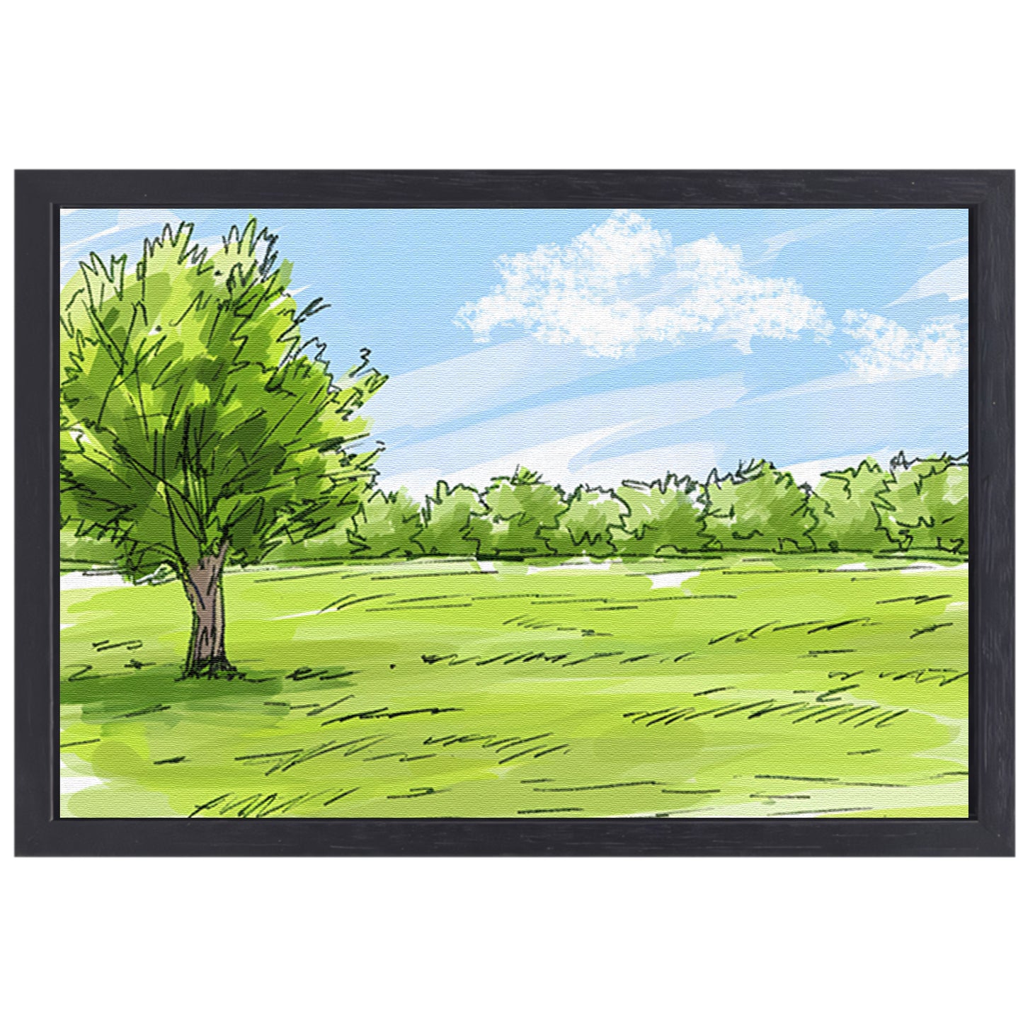 Serene Boom en Grasveld Onder Blauwe Lucht canvas met baklijst